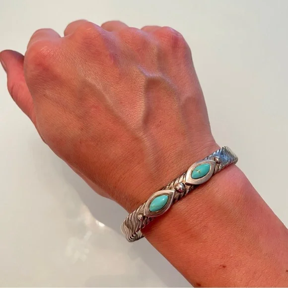 Vintage Mexico Turquoise Cable Design Cuff Bracelet in 925 Sterling Silv… - Picture 4 of 9